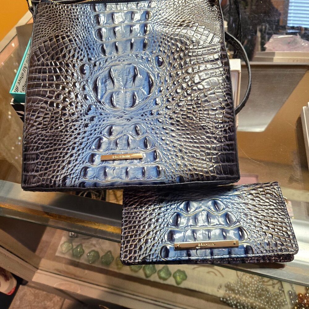 GENUINE BRAHNIM GRAY&TURQUOISE CROSS BODY BAG WITH MATCHING WALLET